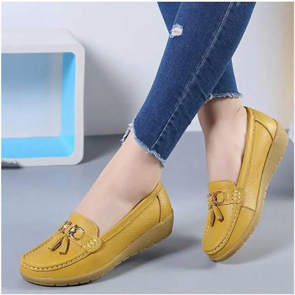 Women's Loafers Flat Metal Buckle Comfortable Lightweight Loafers Leather Slip-on Outdoor Driving Moccasion Boat Shoes for Women