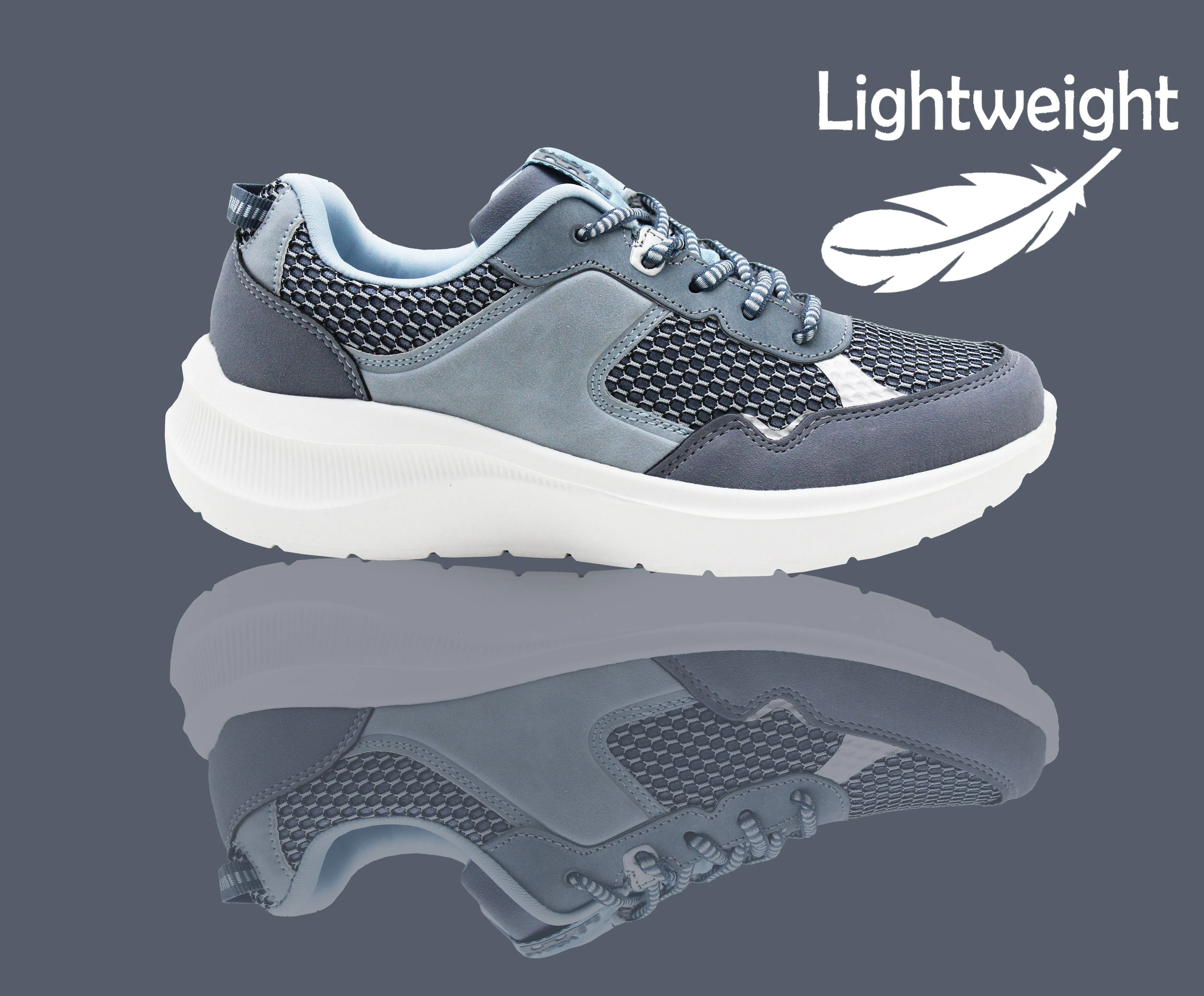 Womens Memory Foam Trainers Blue Grey Lace Up Lightweight Breathable Sneakers Fitness Running Fashion Trainers