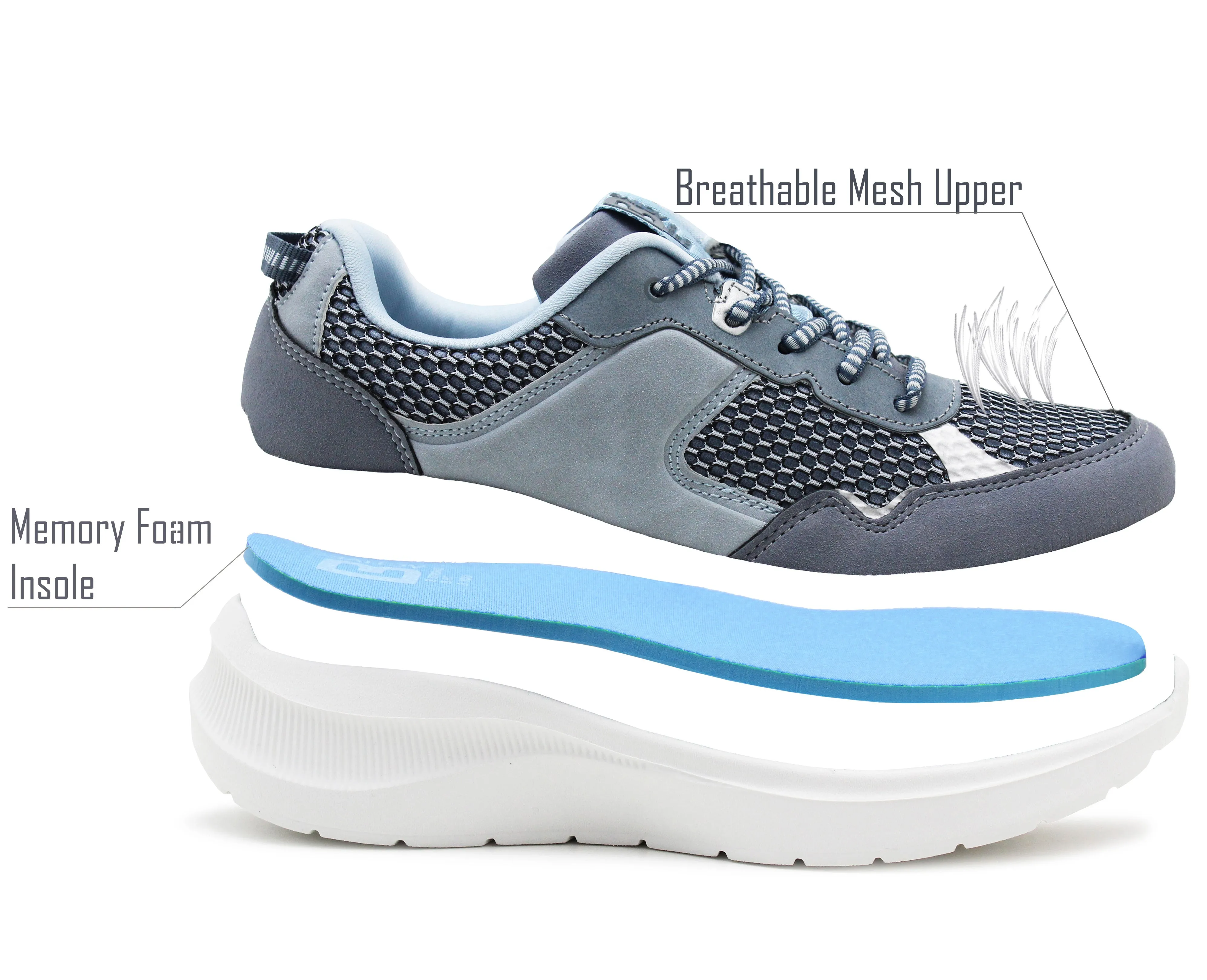 Womens Memory Foam Trainers Blue Grey Lace Up Lightweight Breathable Sneakers Fitness Running Fashion Trainers