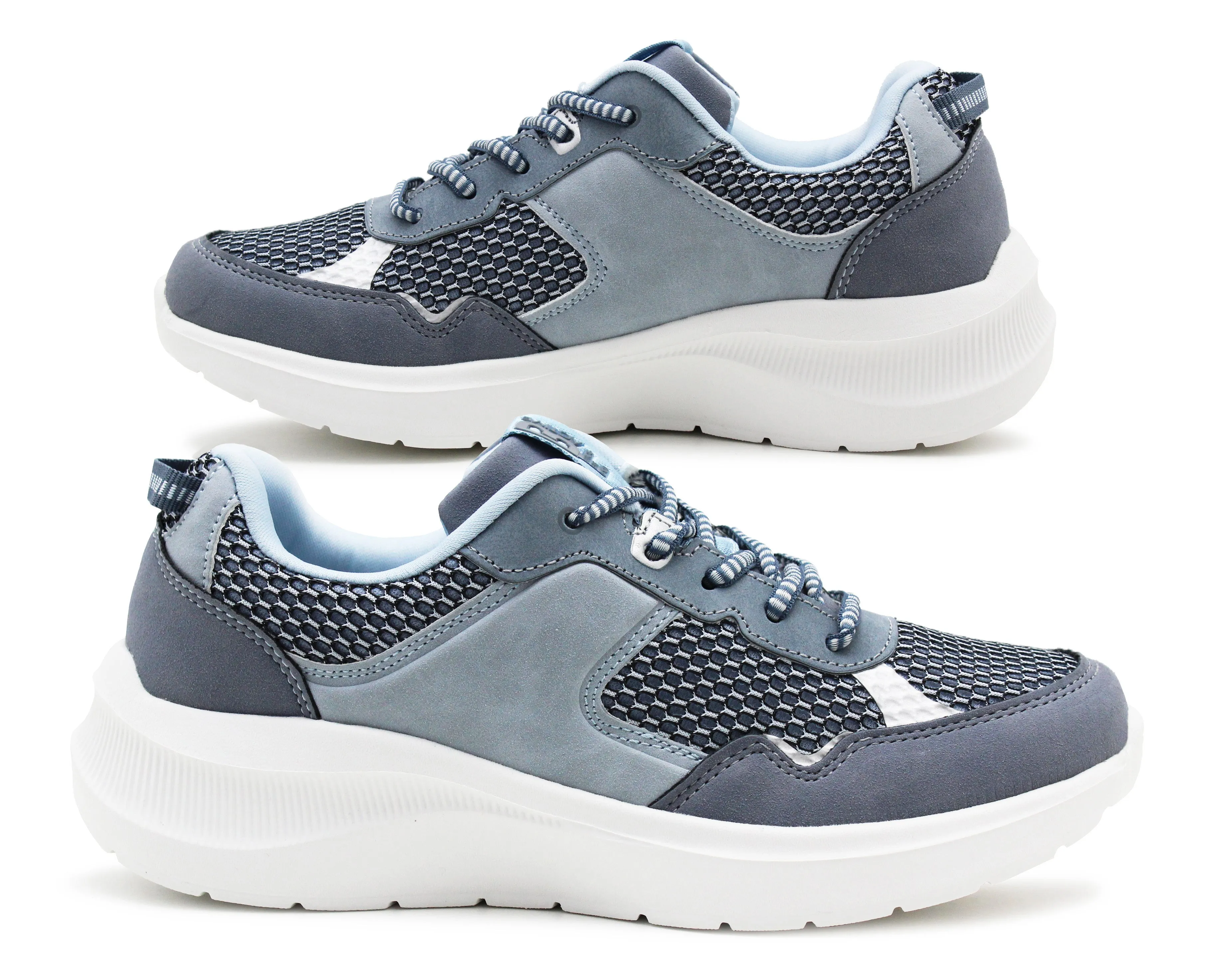 Womens Memory Foam Trainers Blue Grey Lace Up Lightweight Breathable Sneakers Fitness Running Fashion Trainers