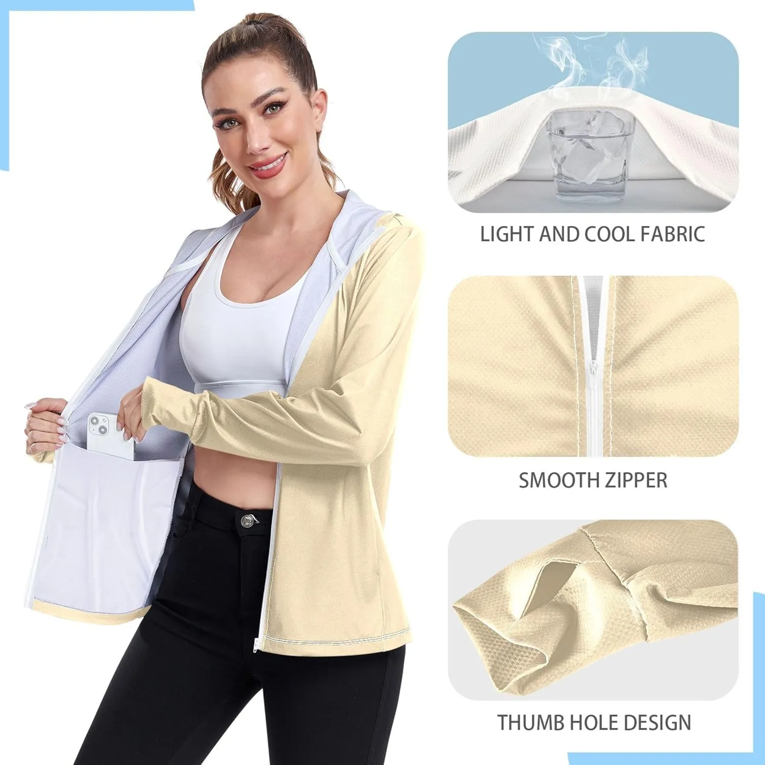 Womens Rash Guards Jacket Sun Shirt UV Protection Moccasin Zipper Hoodie Tops SPF 50  S