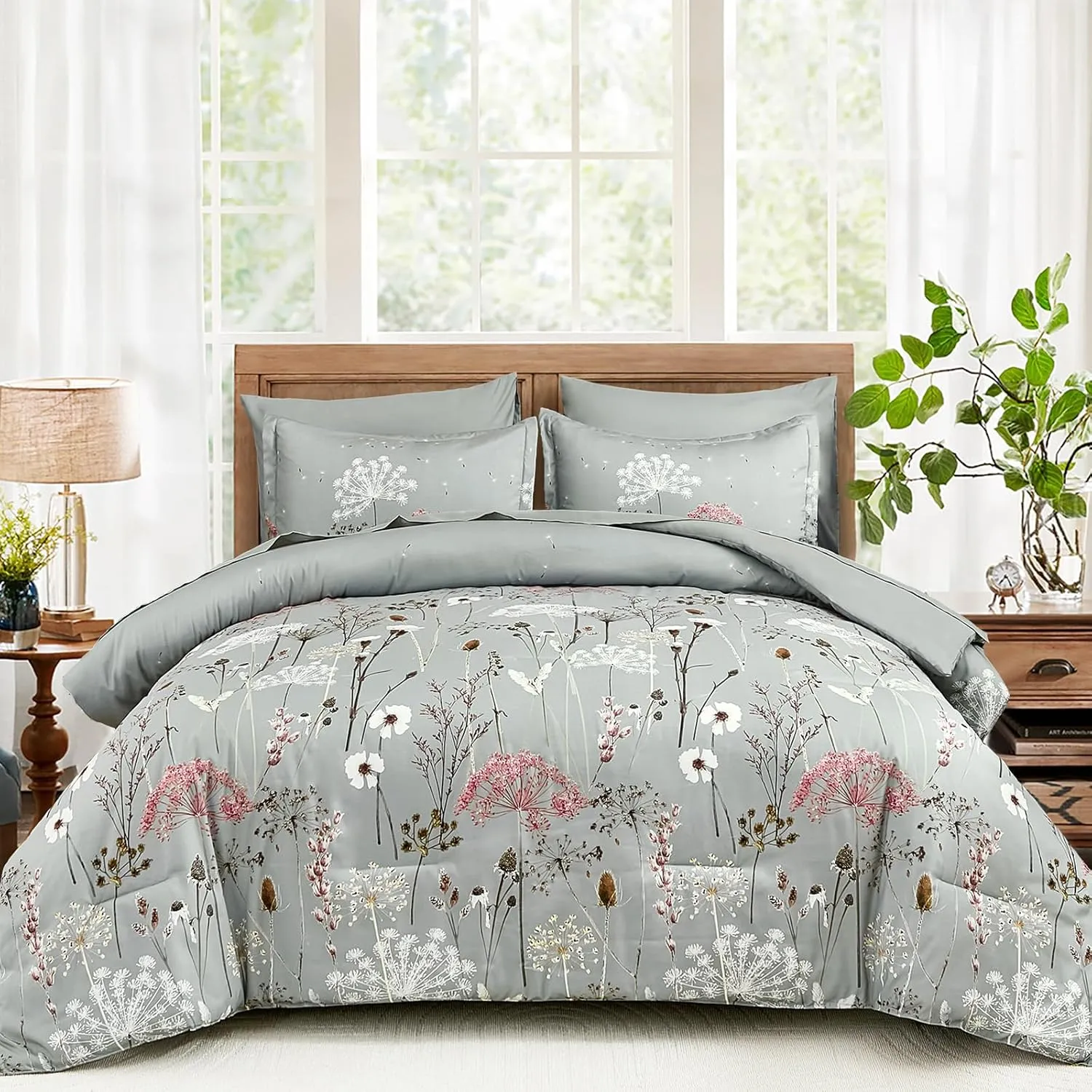 Yiran Grey Floral Comforter Set Queen Size, 7 Piece Spring Dandelion Plant Botanical Comforter Bedding Set, Bed in a Bag Queen, Soft Microfiber Complete Bedding Set with Sheets for All Season