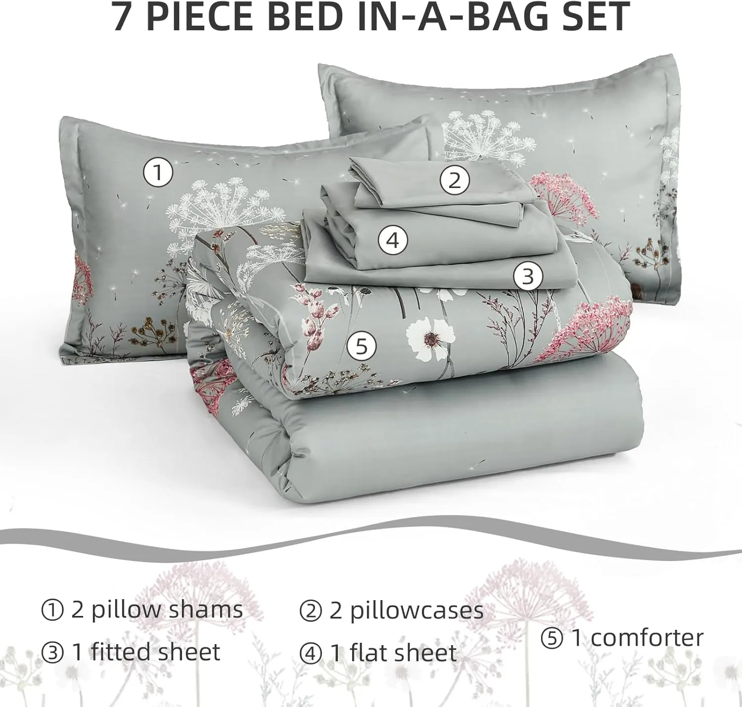 Yiran Grey Floral Comforter Set Queen Size, 7 Piece Spring Dandelion Plant Botanical Comforter Bedding Set, Bed in a Bag Queen, Soft Microfiber Complete Bedding Set with Sheets for All Season