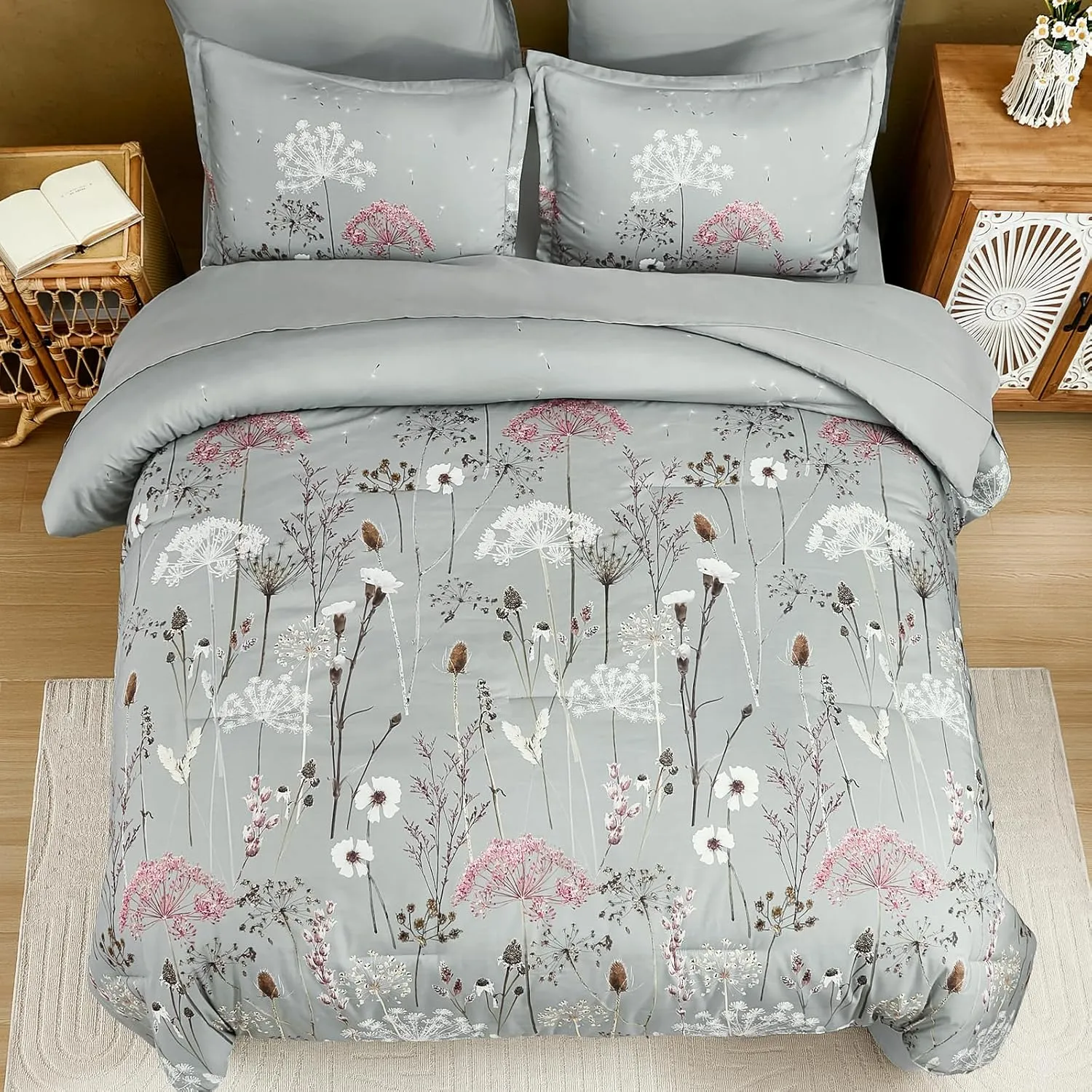 Yiran Grey Floral Comforter Set Queen Size, 7 Piece Spring Dandelion Plant Botanical Comforter Bedding Set, Bed in a Bag Queen, Soft Microfiber Complete Bedding Set with Sheets for All Season