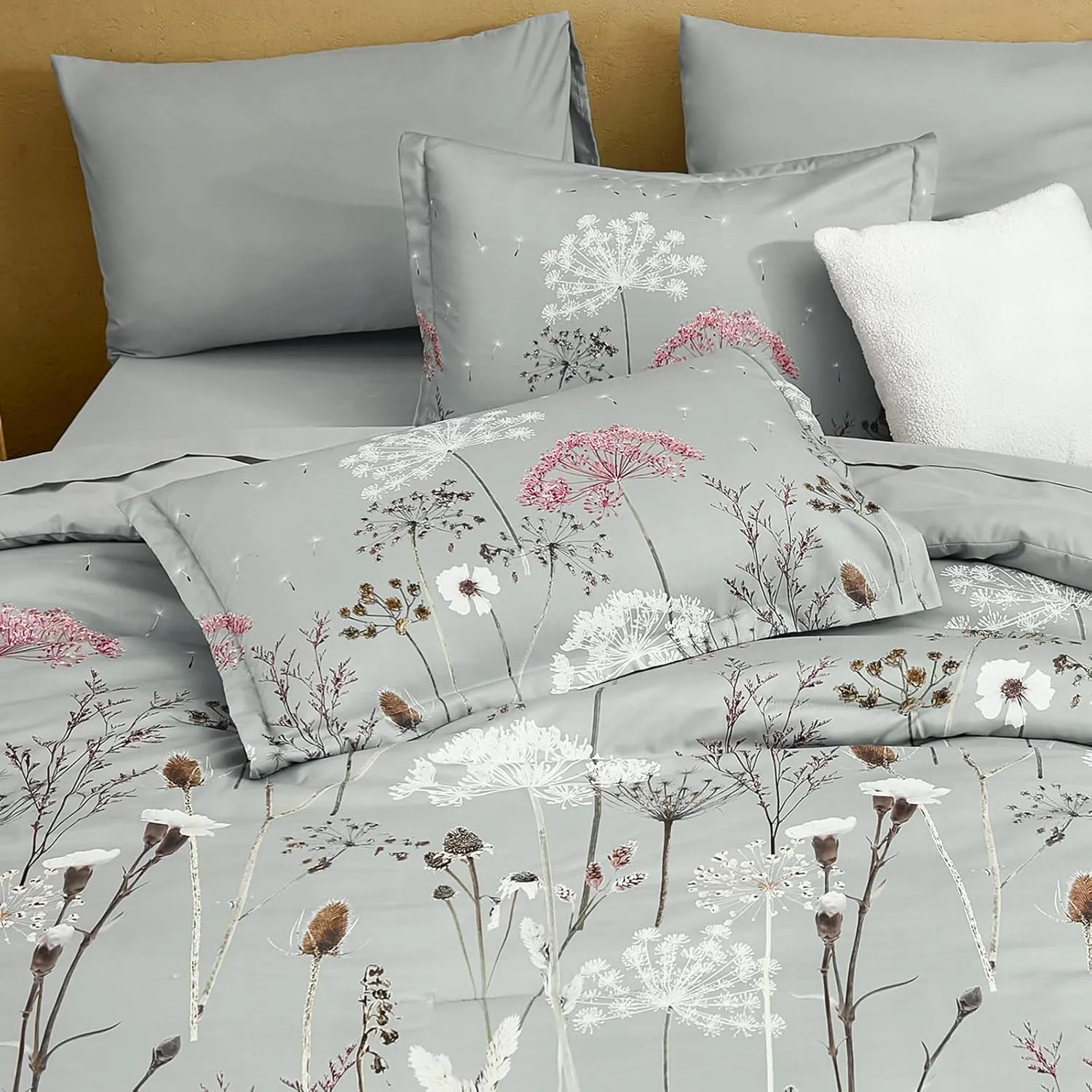 Yiran Grey Floral Comforter Set Queen Size, 7 Piece Spring Dandelion Plant Botanical Comforter Bedding Set, Bed in a Bag Queen, Soft Microfiber Complete Bedding Set with Sheets for All Season