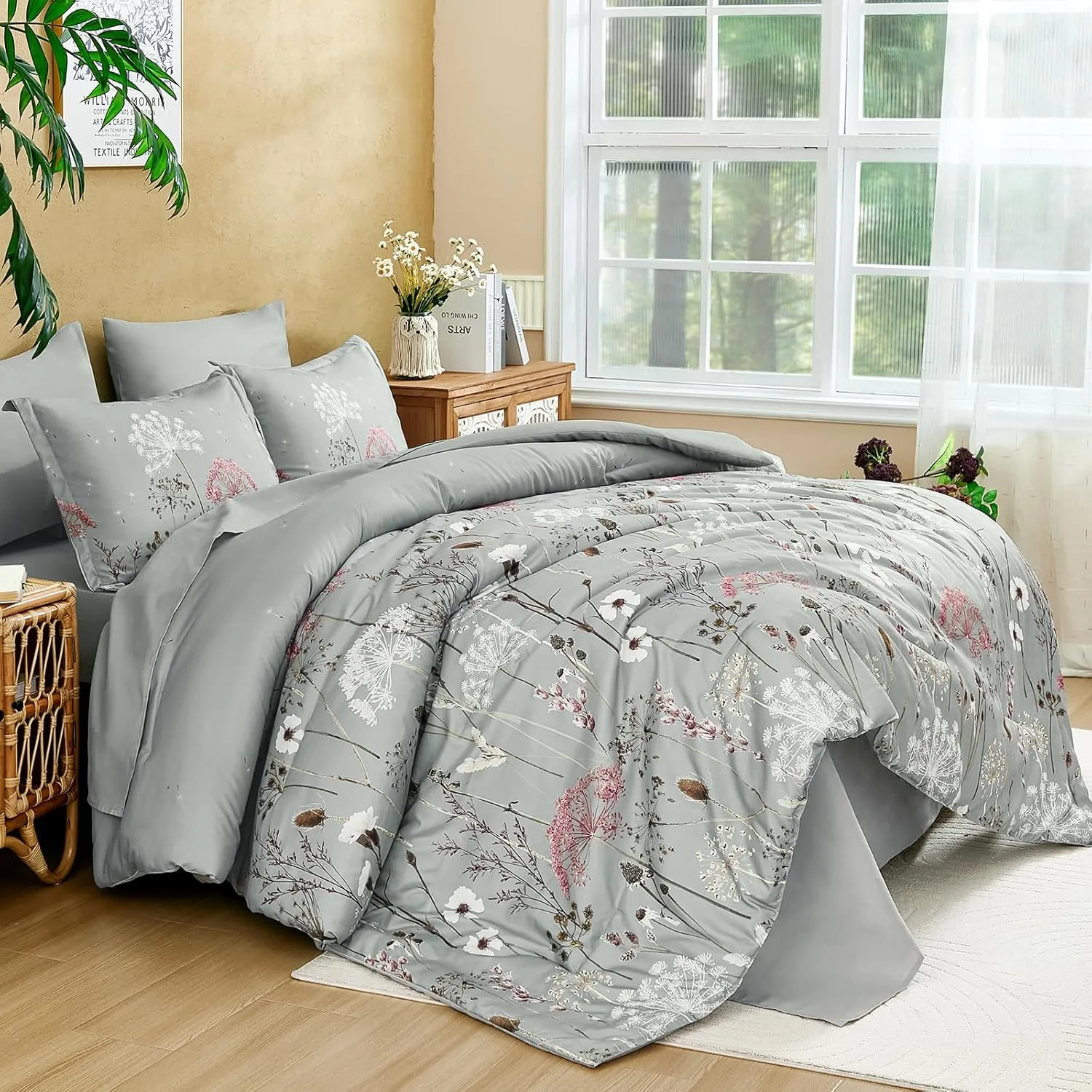 Yiran Grey Floral Comforter Set Queen Size, 7 Piece Spring Dandelion Plant Botanical Comforter Bedding Set, Bed in a Bag Queen, Soft Microfiber Complete Bedding Set with Sheets for All Season