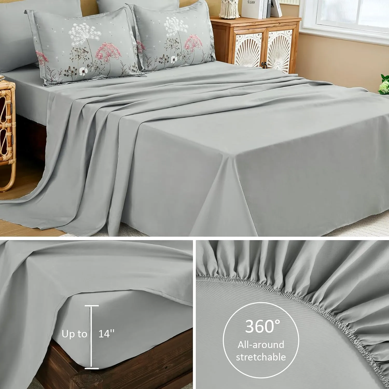 Yiran Grey Floral Comforter Set Queen Size, 7 Piece Spring Dandelion Plant Botanical Comforter Bedding Set, Bed in a Bag Queen, Soft Microfiber Complete Bedding Set with Sheets for All Season