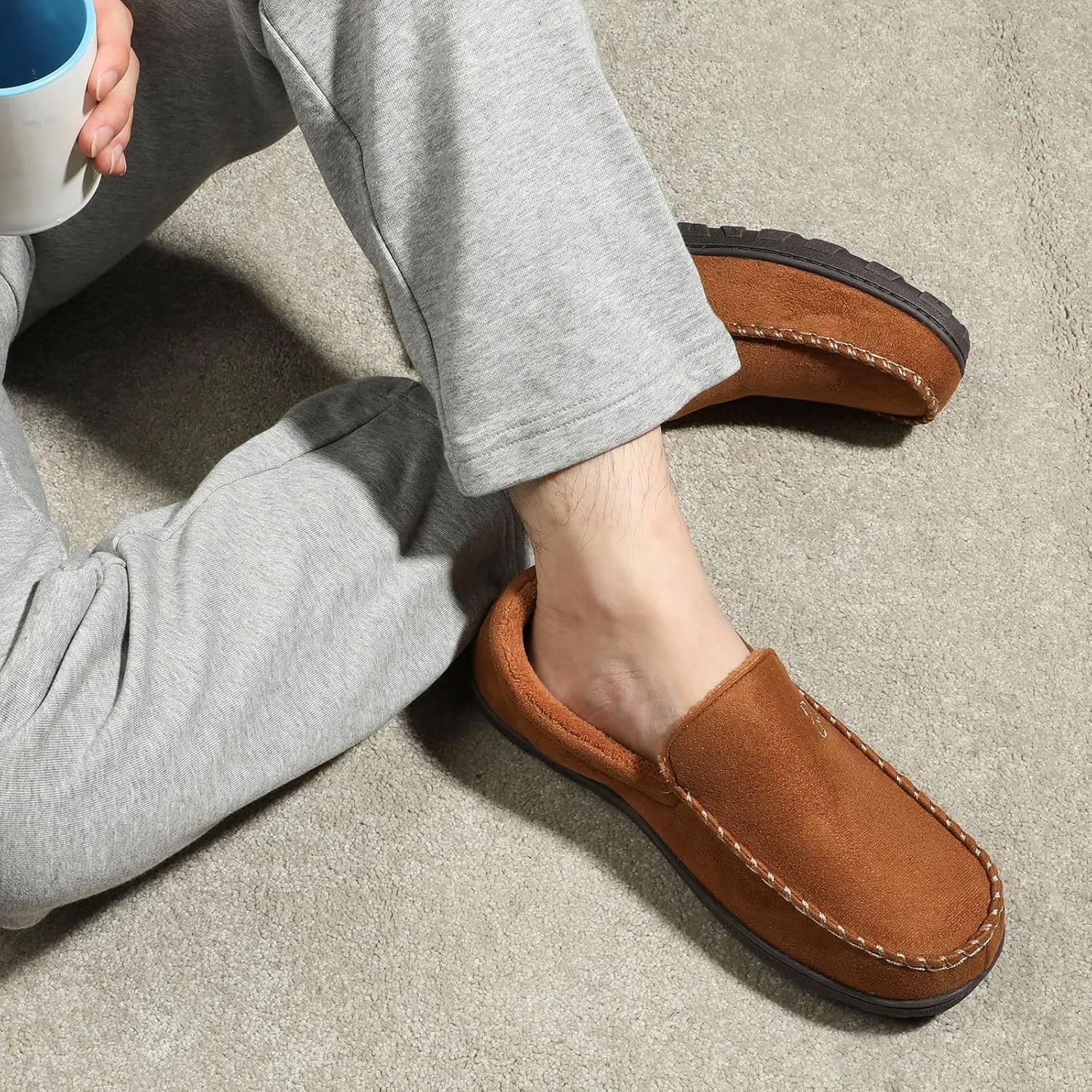 Zizor Men's Moccasin Slippers With Memory Foam, House Shoes for Indoor Outdoor